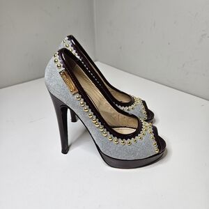 John Galliano Mesh Silver Burgundy Black Platform Heels 37.5 7.5